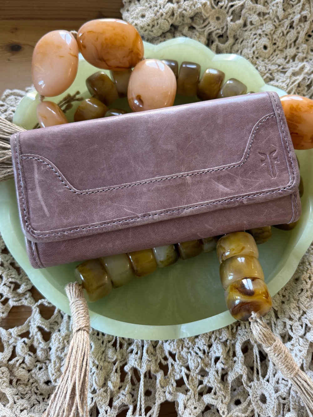Frye Lavender Dusty Purple Rustic Leather Continental Tri-Fold Wallet